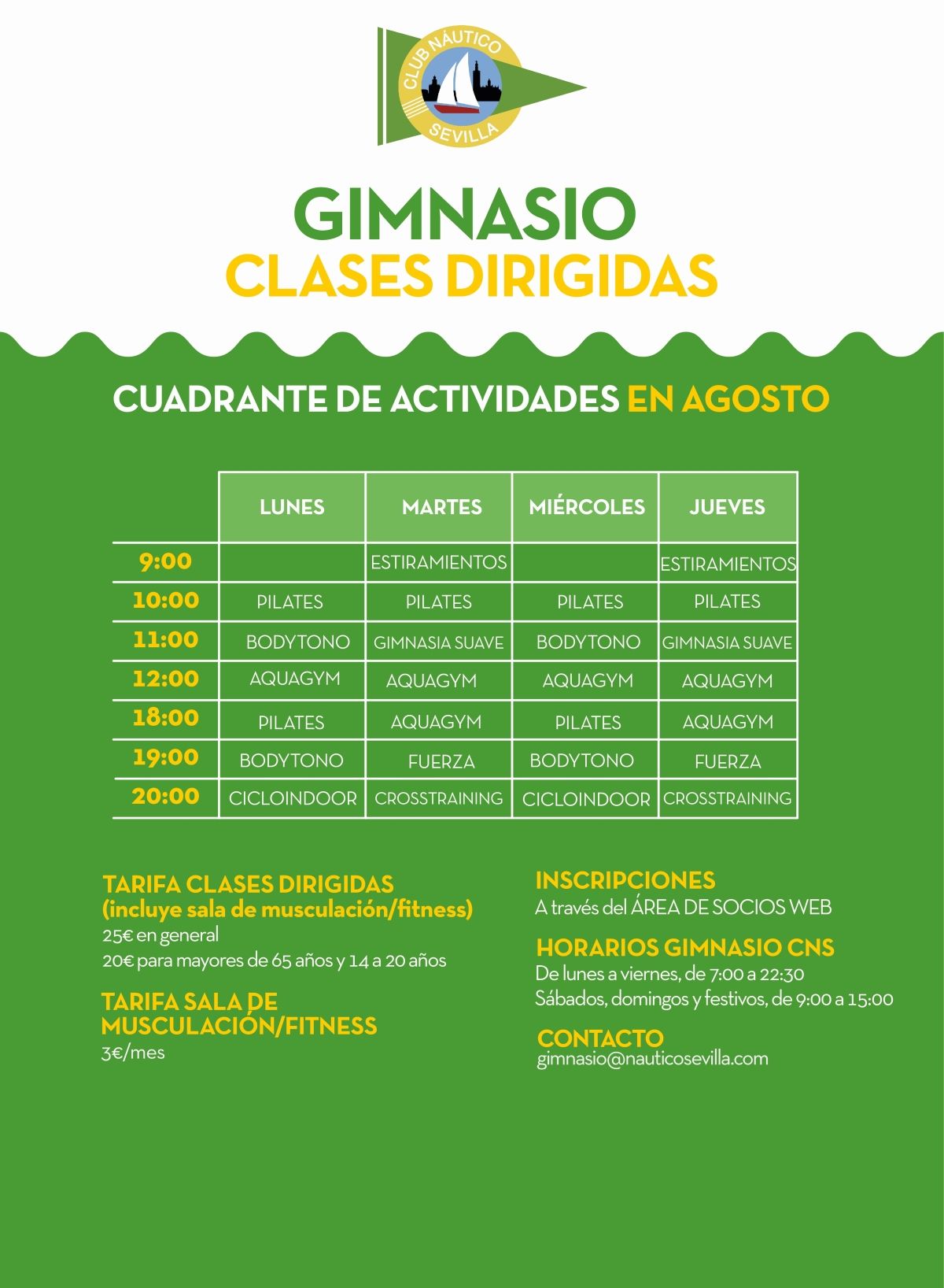 Actividades dirigidas del gimnasio en agosto