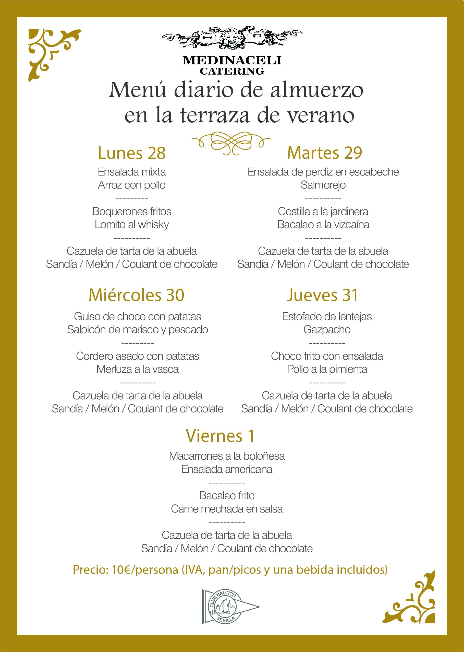 Menú intersemanal del servicio de restauración del Club Náutico