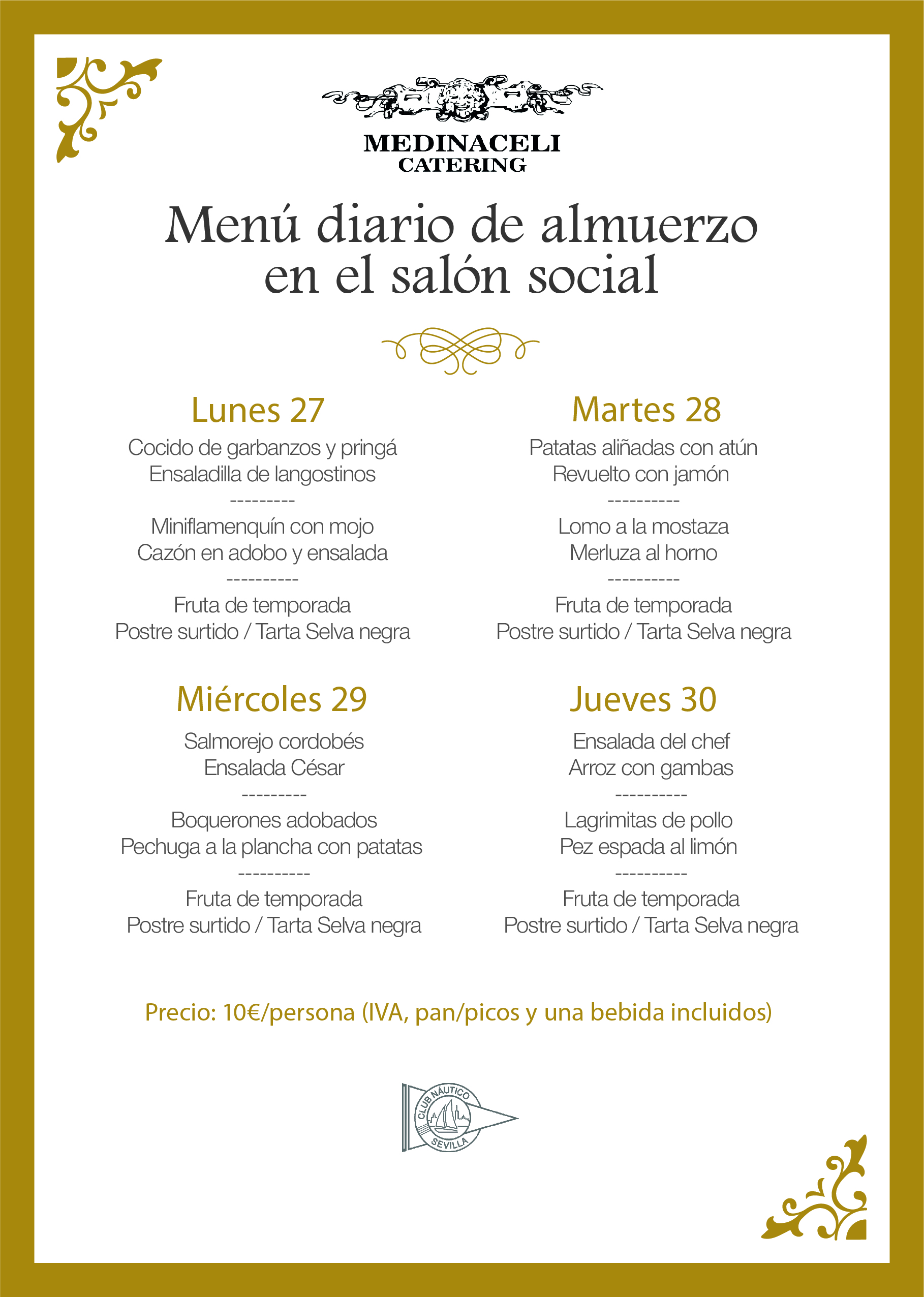 Menú intersemanal del servicio de restauración del Club Náutico