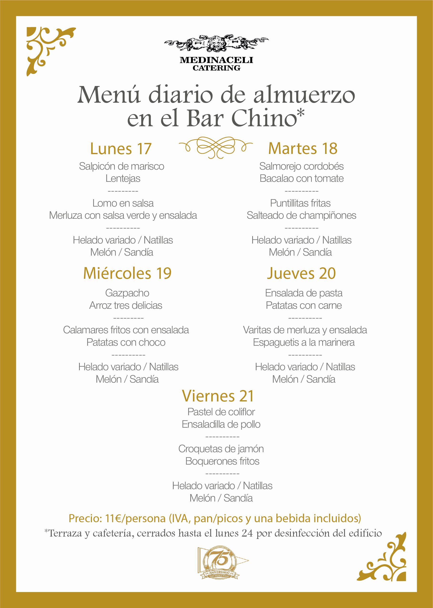 Menú intersemanal del servicio de restauración del Club Náutico