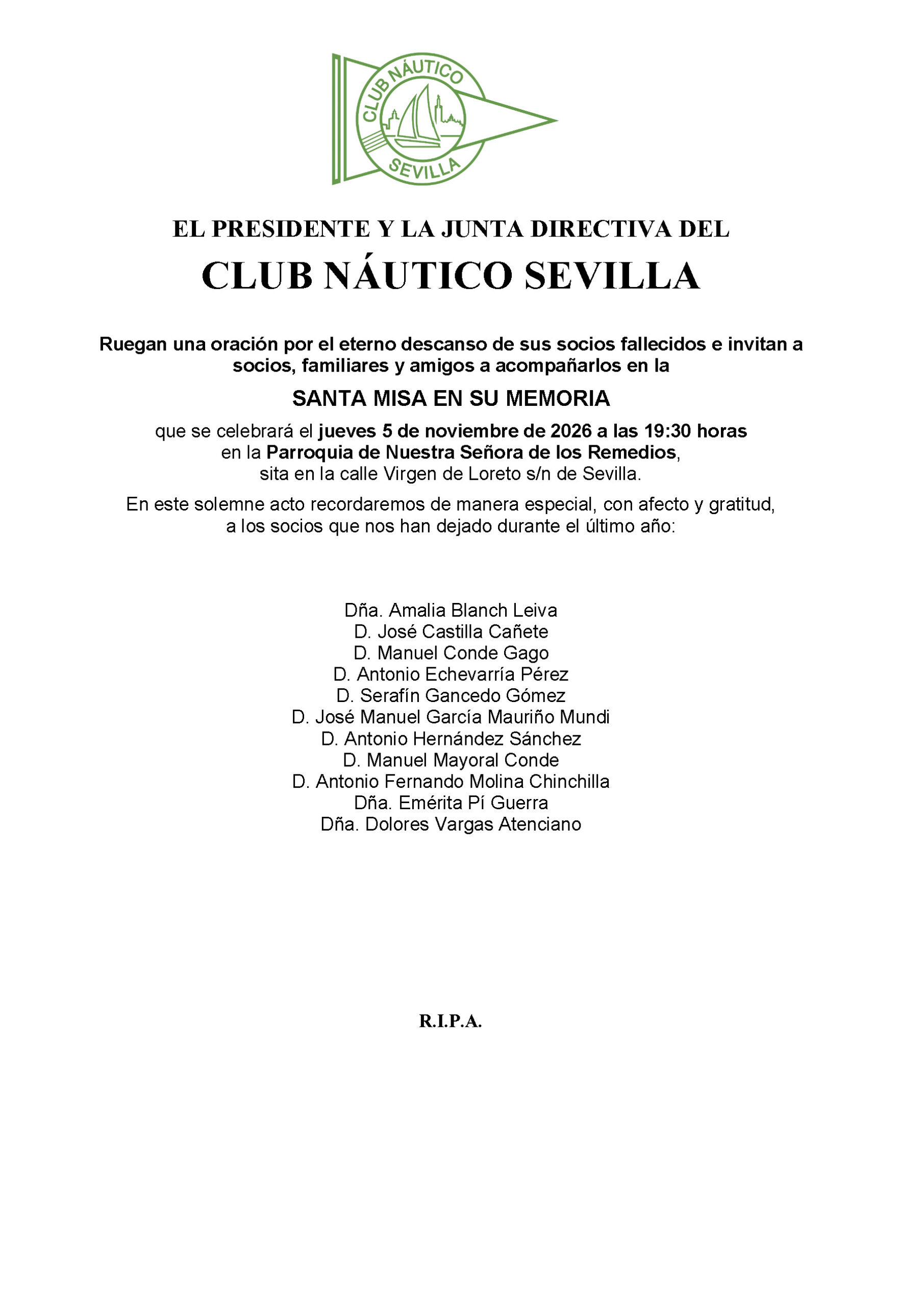 Misa de difuntos del Club Náutico Sevilla