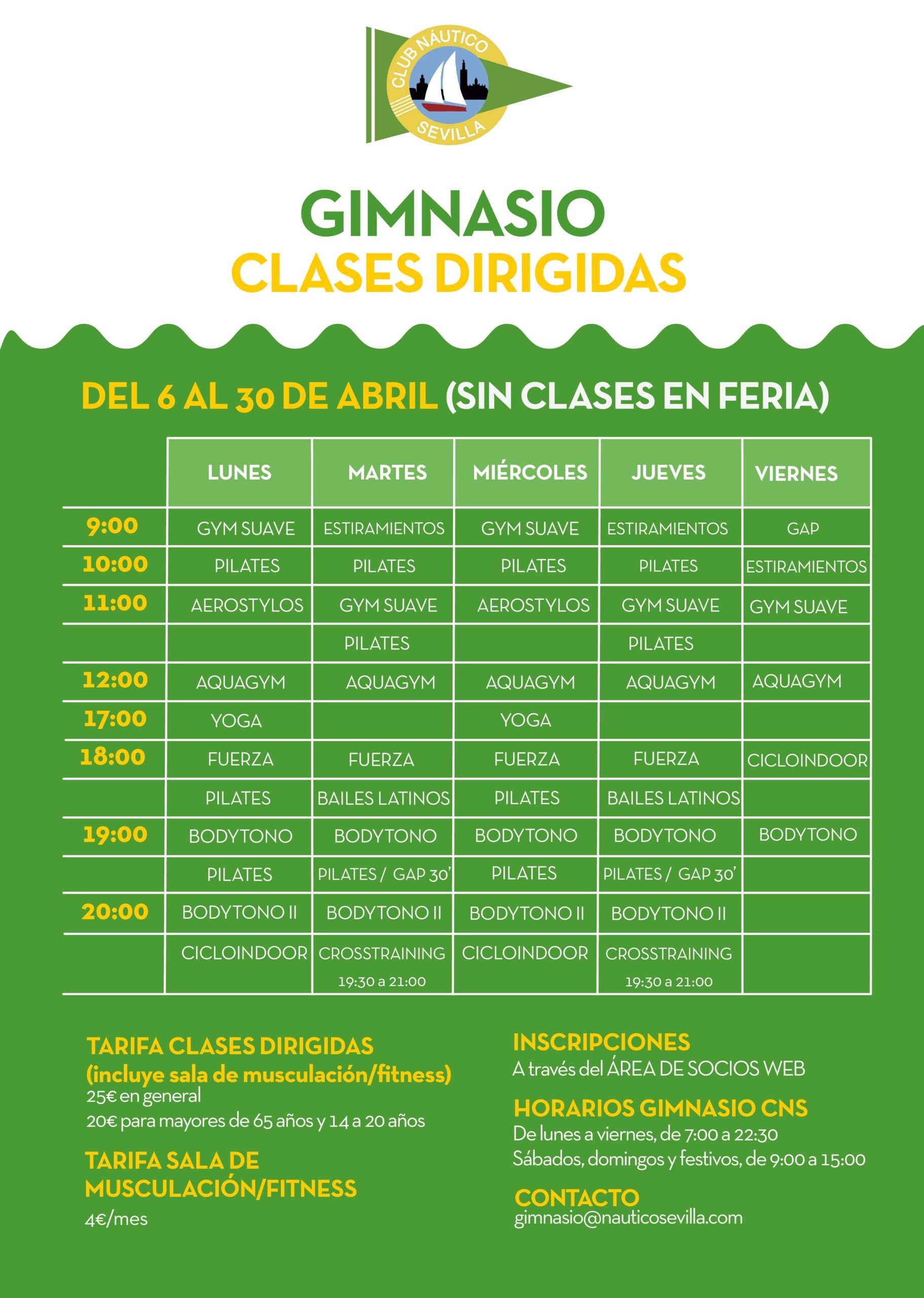 Actividades dirigidas del gimnasio del 6 al 30 abril