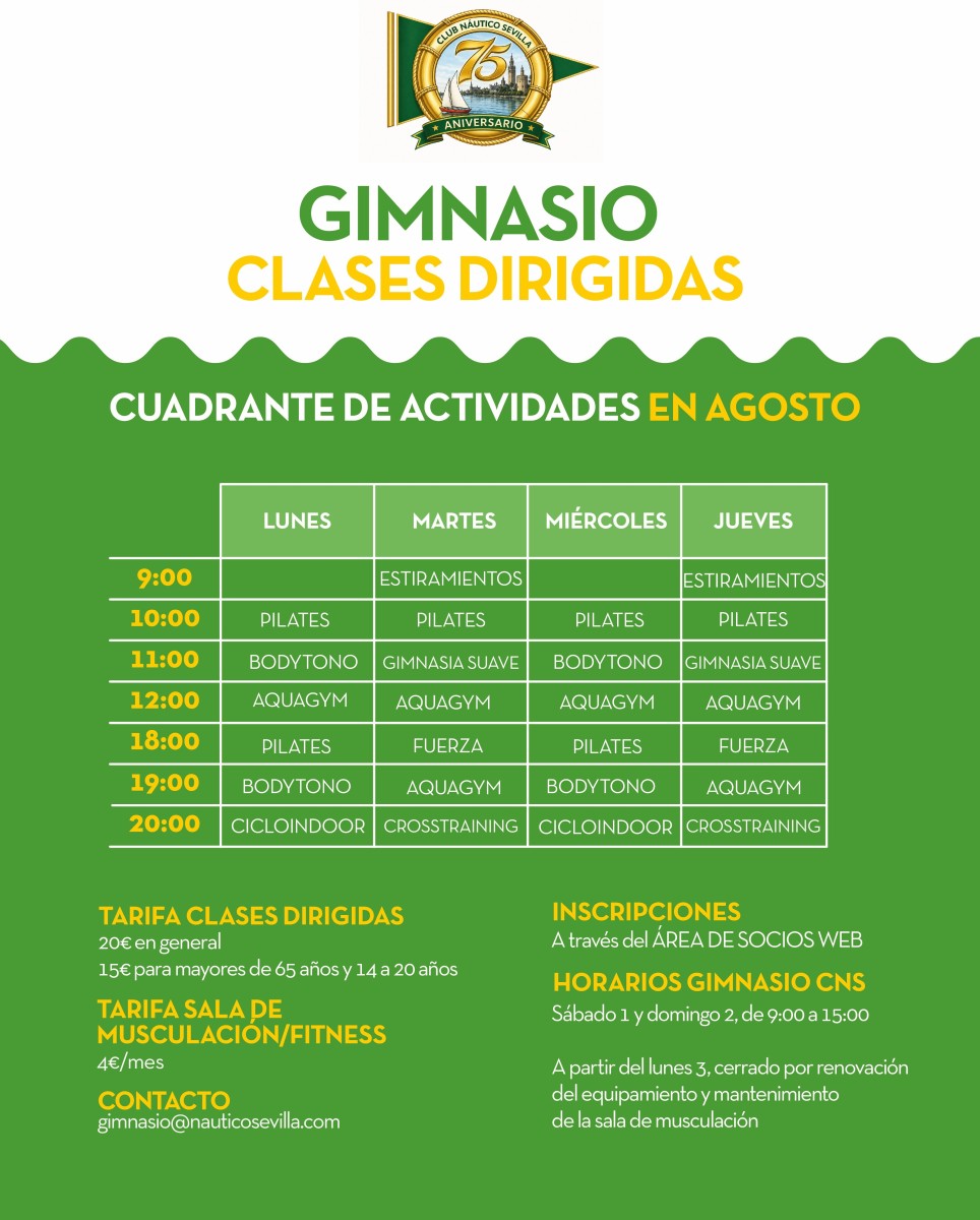 Actividades dirigidas del gimnasio en agosto