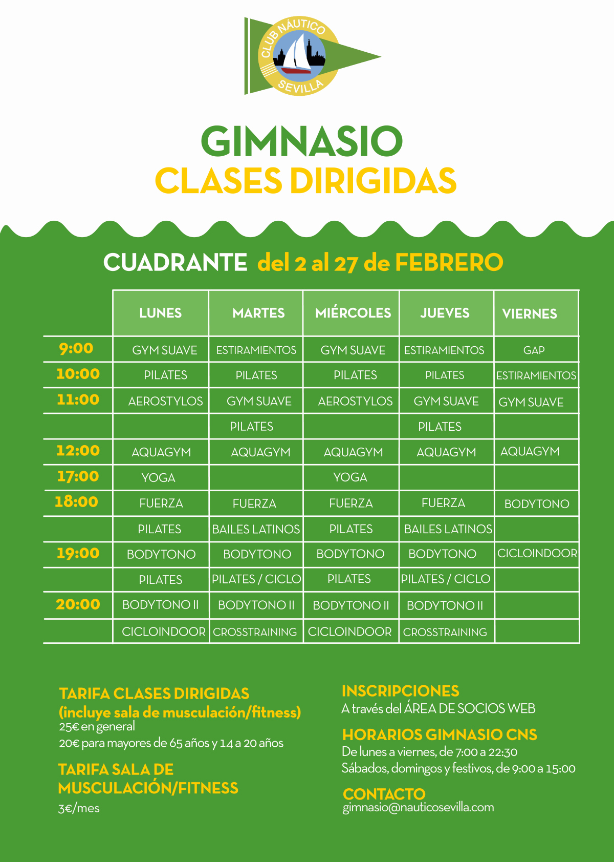 Actividades dirigidas del gimnasio del 2 al 27 de febrero