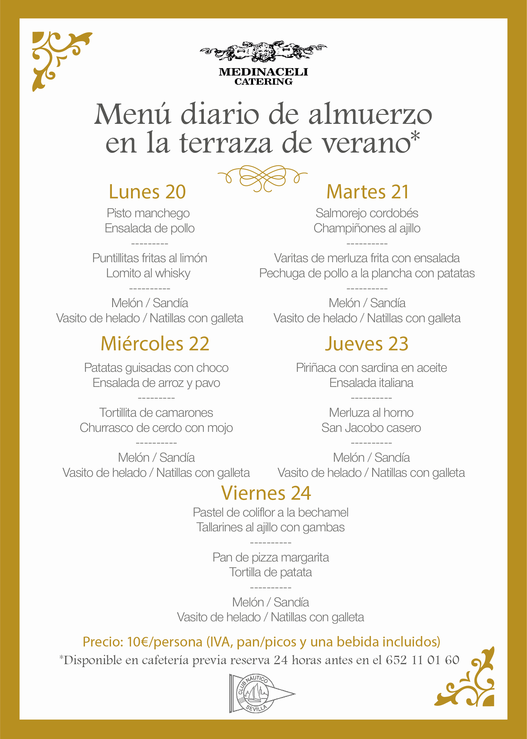 Menú intersemanal del servicio de restauración del Club Náutico