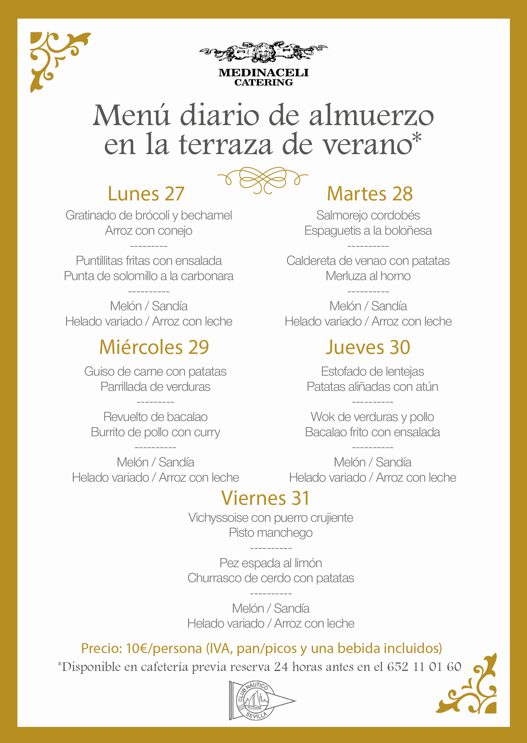 Menú intersemanal del servicio de restauración del Club Náutico