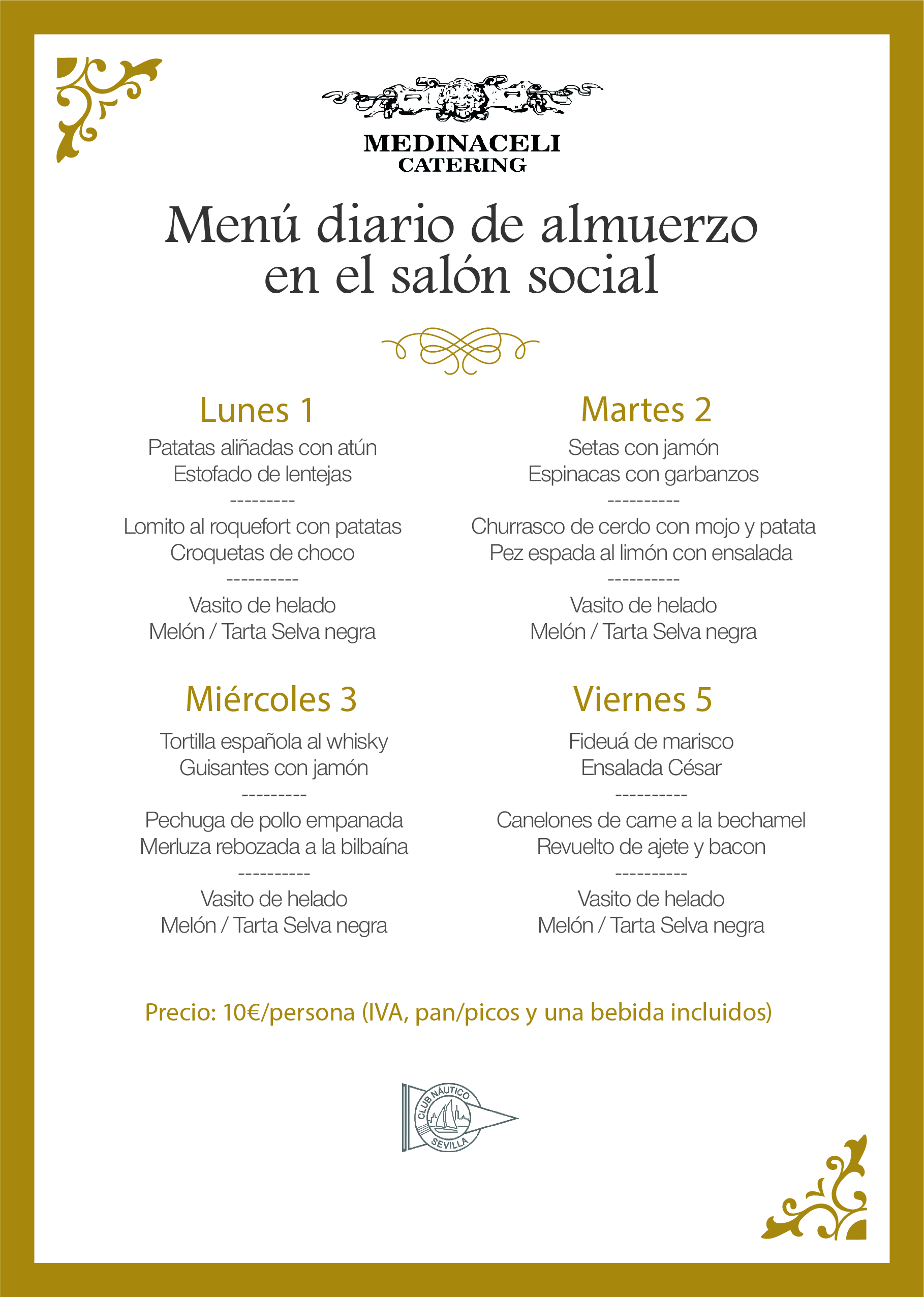 Menú intersemanal del servicio de restauración del Club Náutico
