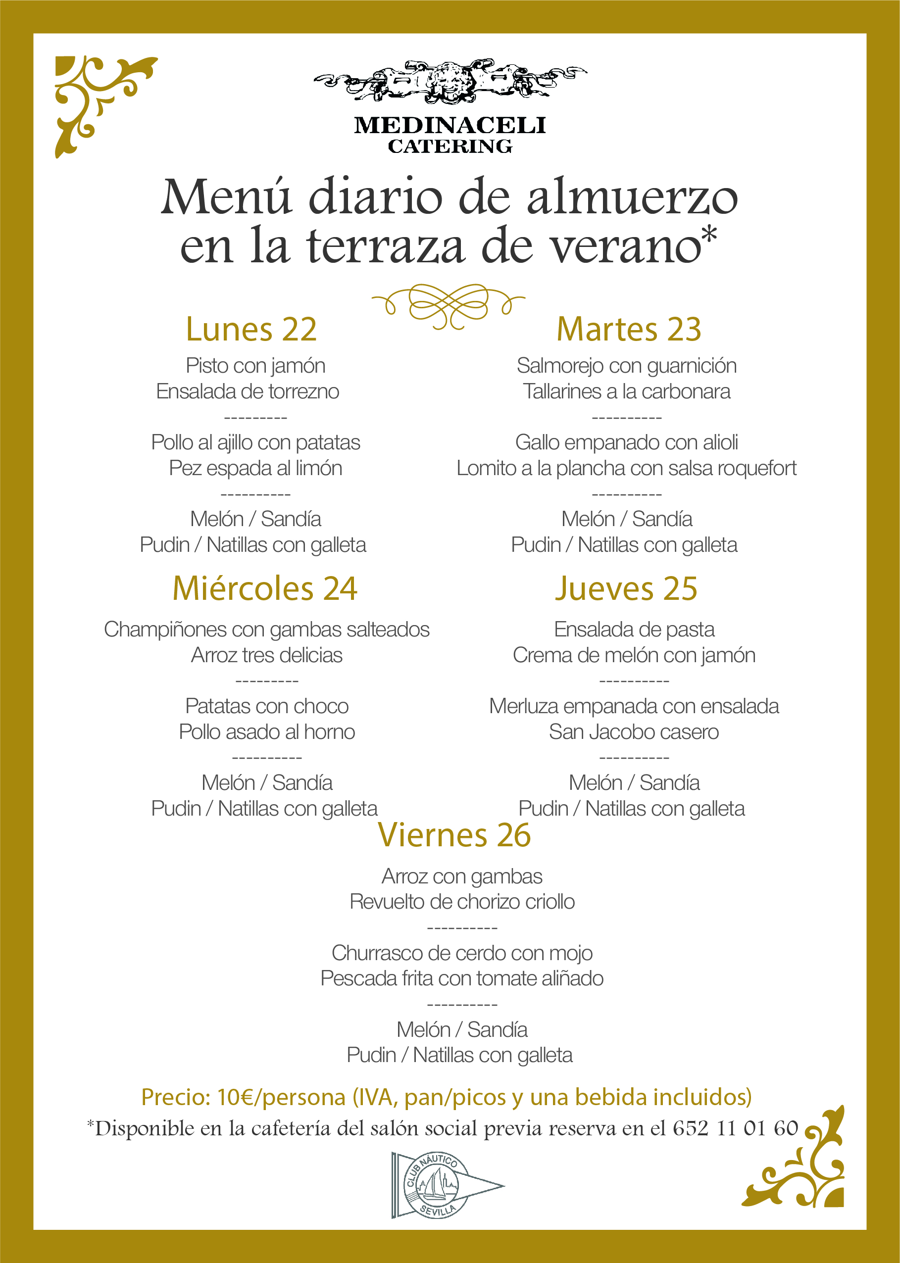 Menú intersemanal del servicio de restauración del Club Náutico