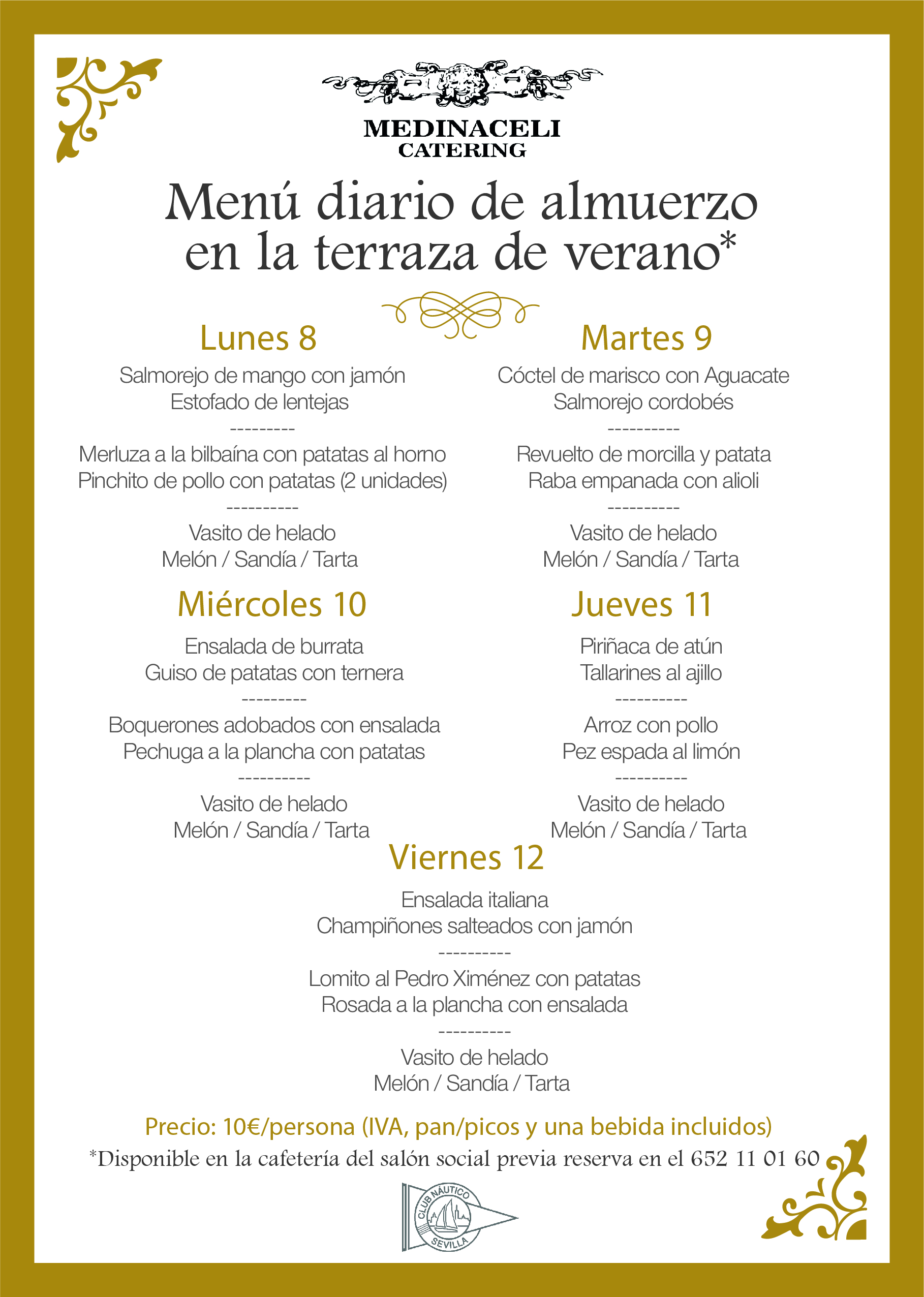 Menú intersemanal del servicio de restauración del Club Náutico