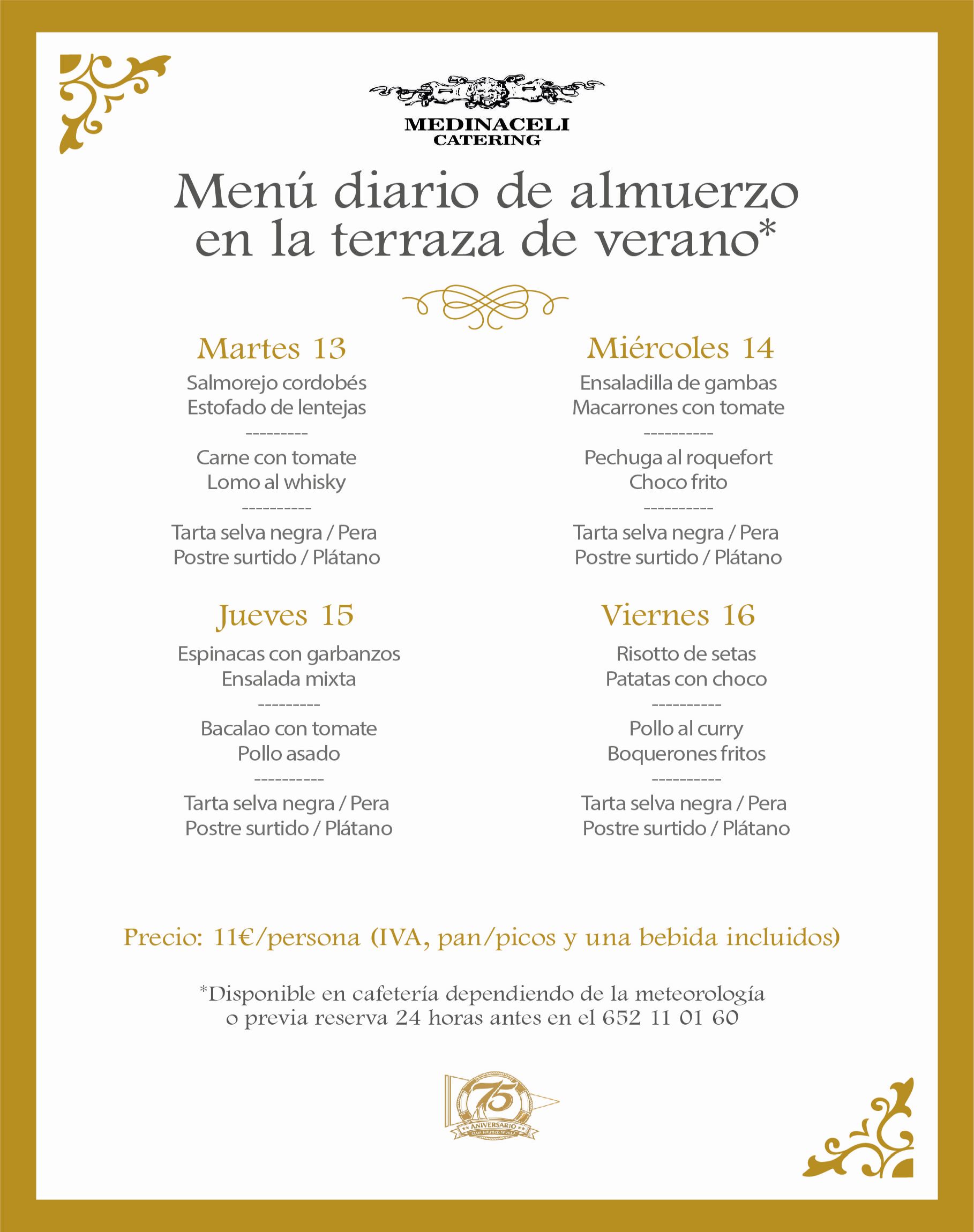 Menú intersemanal del servicio de restauración del Club Náutico