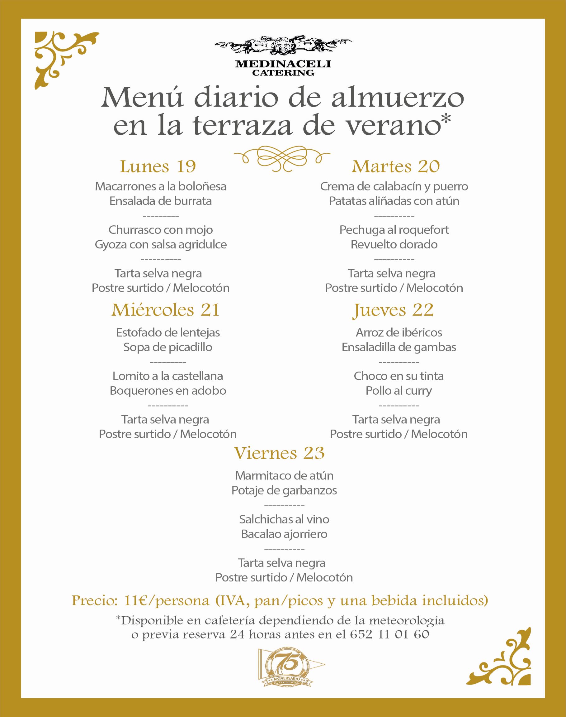 Menú intersemanal del servicio de restauración del Club Náutico