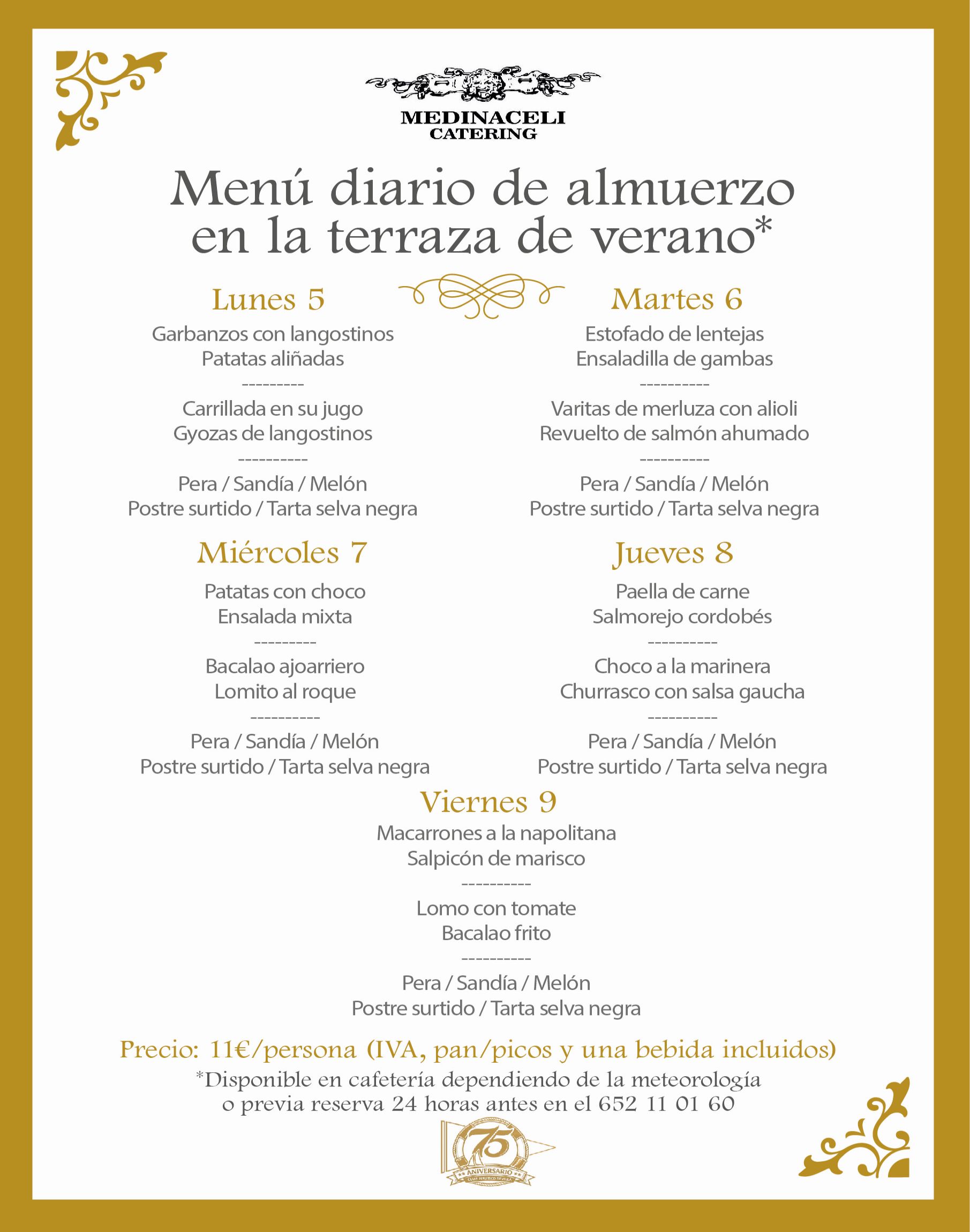 Menú intersemanal del servicio de restauración del Club Náutico
