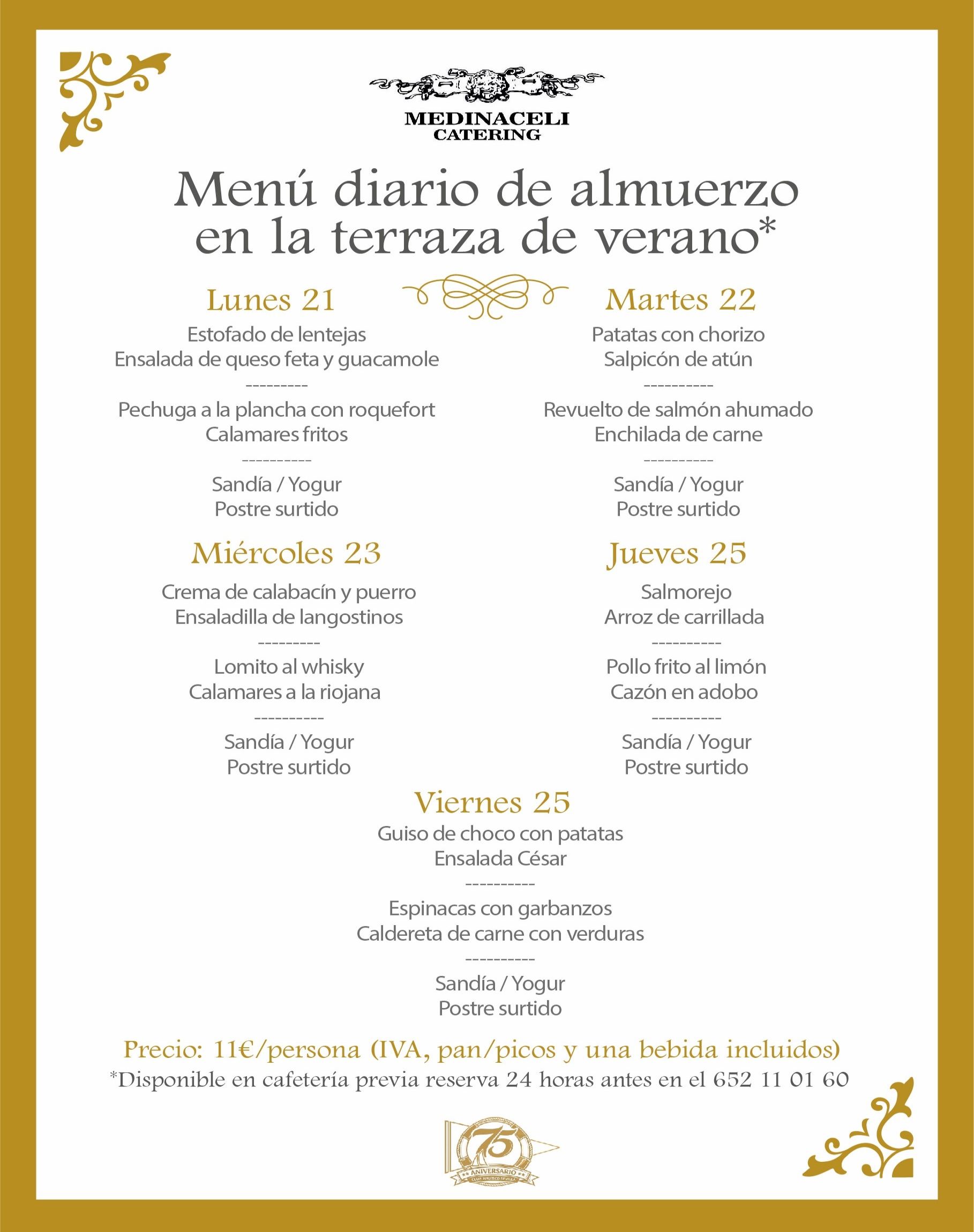 Menú intersemanal del servicio de restauración del Club Náutico