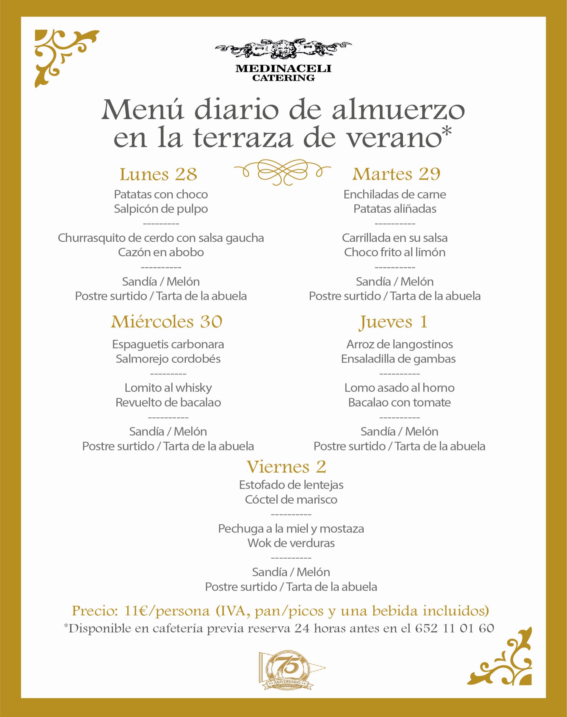 Menú intersemanal del servicio de restauración del Club Náutico