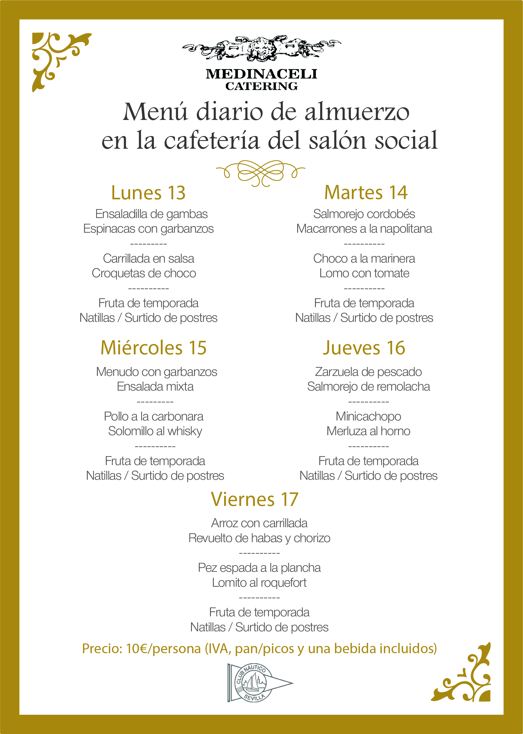 Menú intersemanal del servicio de restauración del Club Náutico