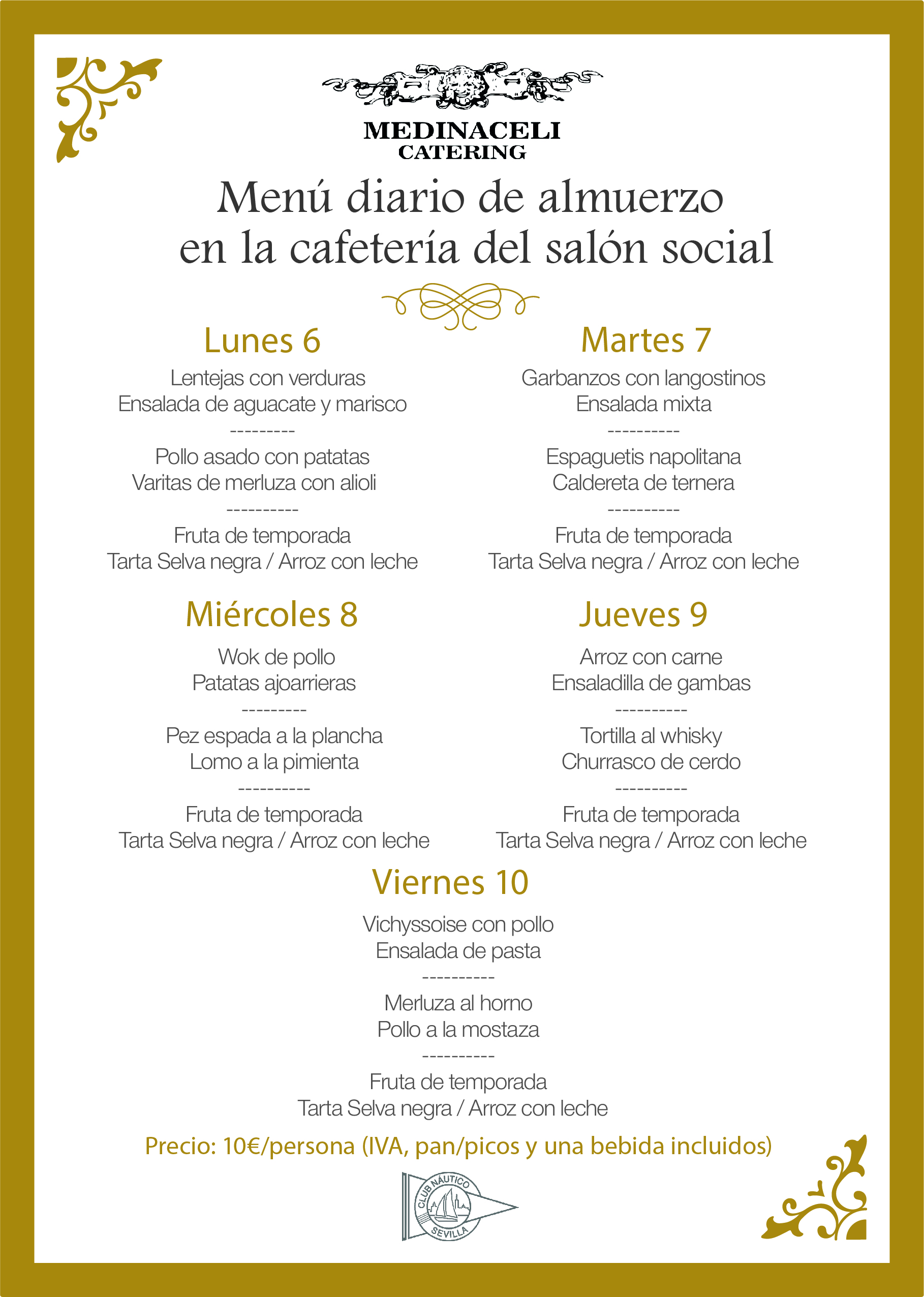 Menú intersemanal del servicio de restauración del Club Náutico