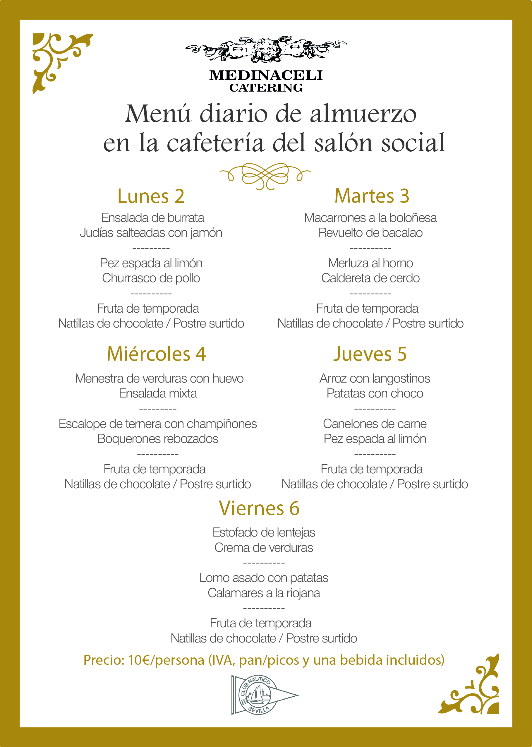Menú intersemanal del servicio de restauración del Club Náutico