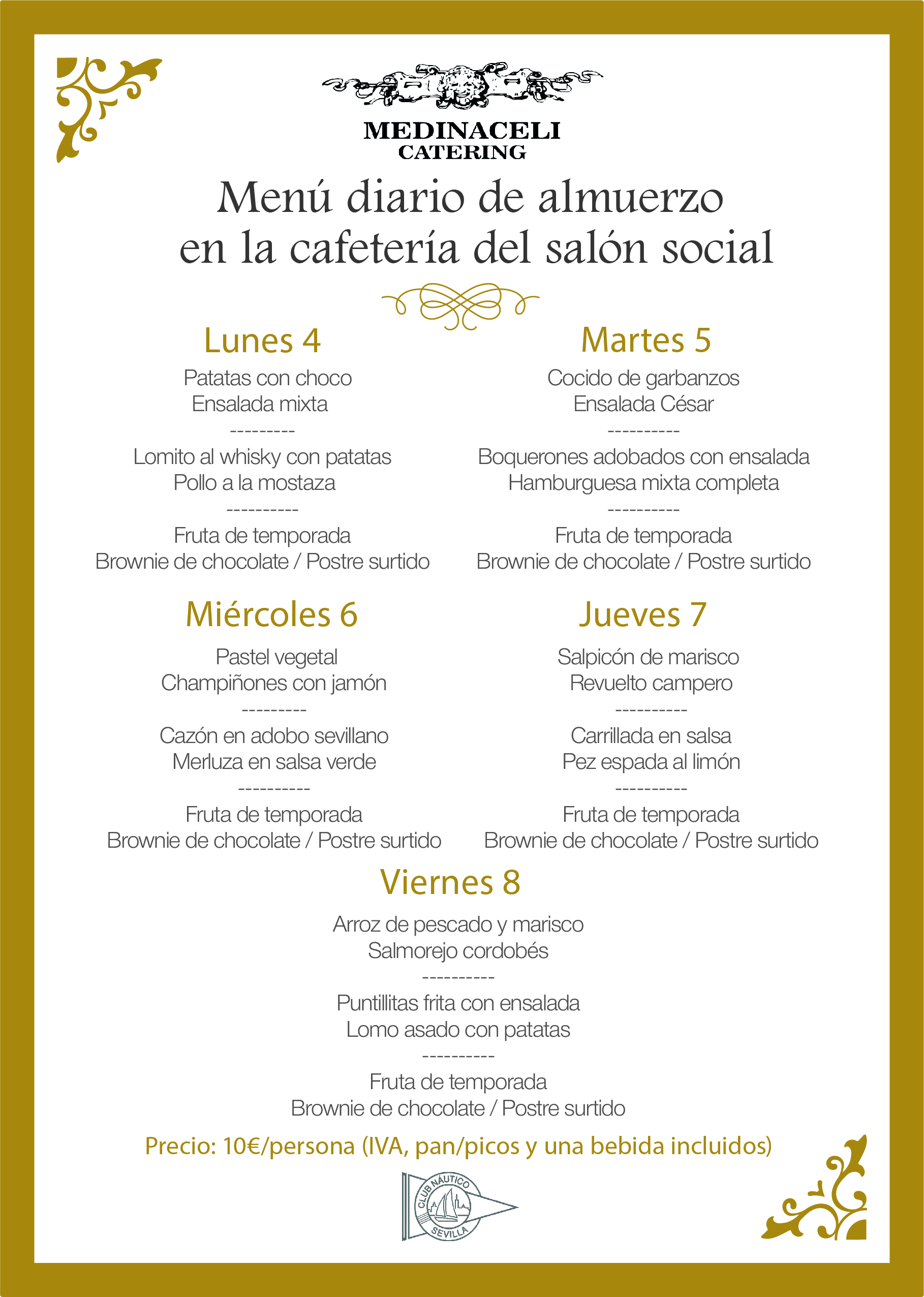 Menú intersemanal del servicio de restauración del Club Náutico